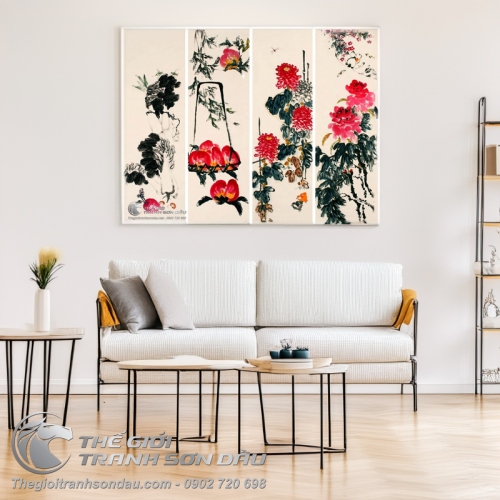 Tranh Bộ Tứ Quý Trúc Đào Cúc Mẫu Đơn