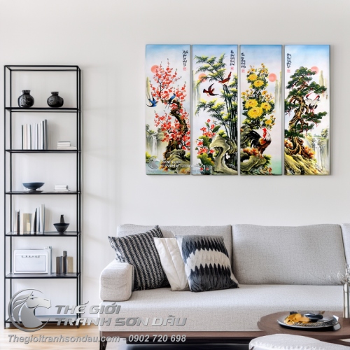 Tranh bộ xuân hạ thu đông Đào Cúc Trúc Tùng