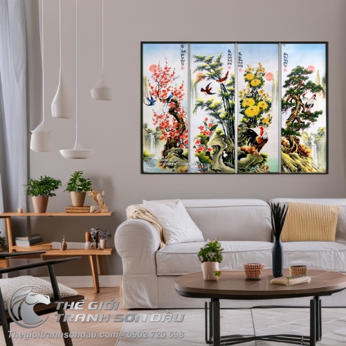 Tranh bộ xuân hạ thu đông Đào Cúc Trúc Tùng