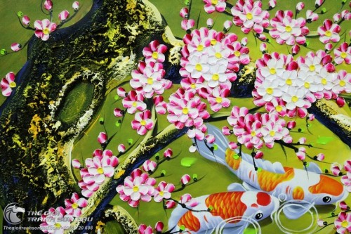 Tranh Cá Chép (Cá Koi) Chín Con Dưới Gốc Đào