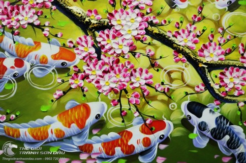 Tranh Cá Chép (Cá Koi) Chín Con Dưới Gốc Đào