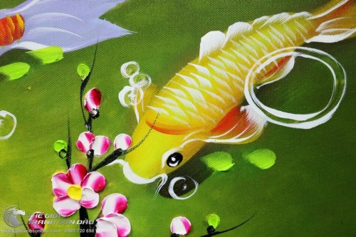 Tranh Cá Chép (Cá Koi) Chín Con Dưới Gốc Đào