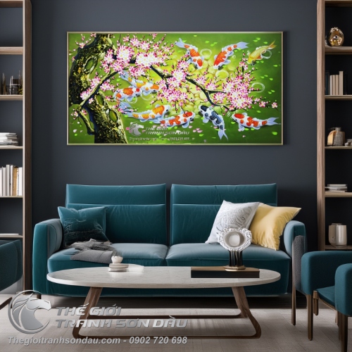 Tranh Cá Chép (Cá Koi) Chín Con Dưới Gốc Đào