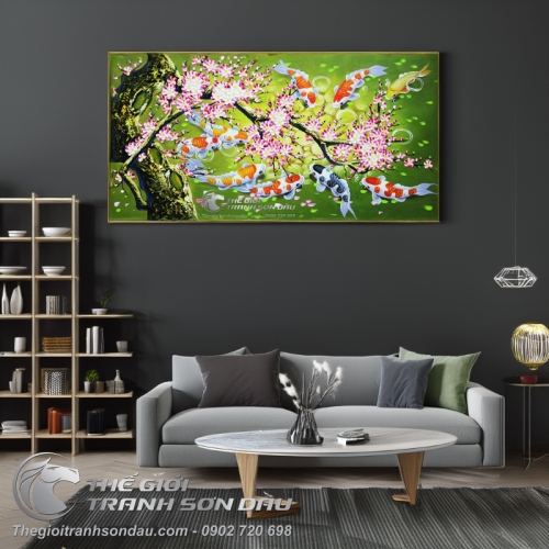 Tranh Cá Chép (Cá Koi) Chín Con Dưới Gốc Đào