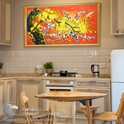 Tranh Cá Chép Hoa Mai Nền Cam