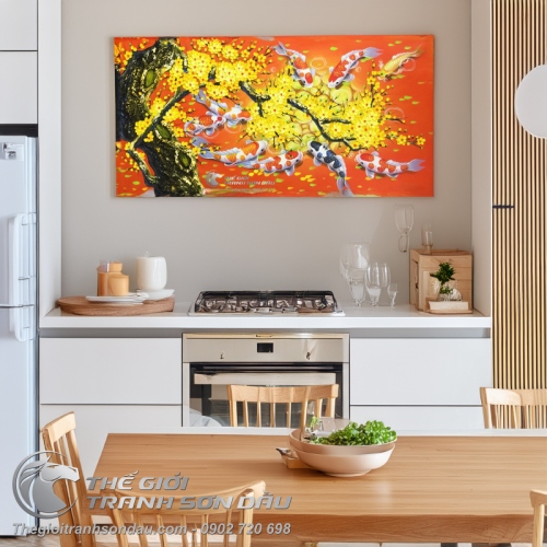 Tranh Cá Chép Hoa Mai Nền Cam