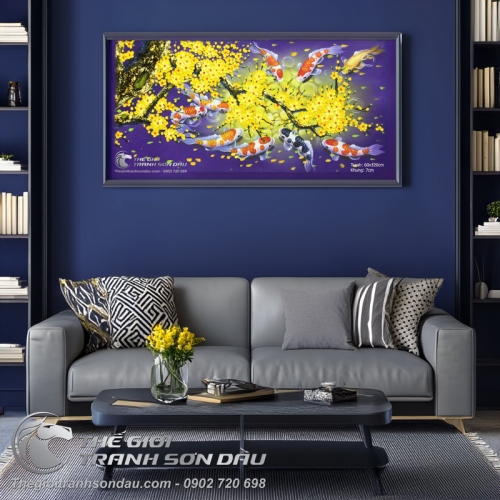 Tranh Cá Chép Hoa Mai Nền Tím