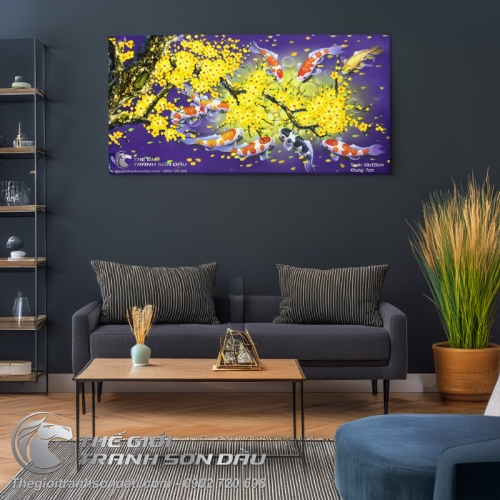 Tranh Cá Chép Hoa Mai Nền Tím