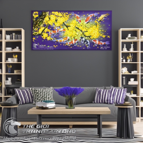 Tranh Cá Chép Hoa Mai Nền Tím