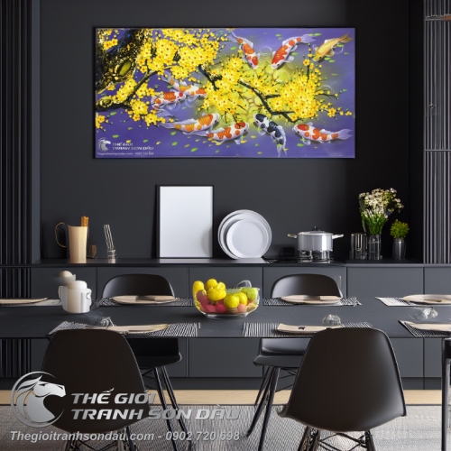 Tranh Cá Chép Hoa Mai Nền Tím Nhạt