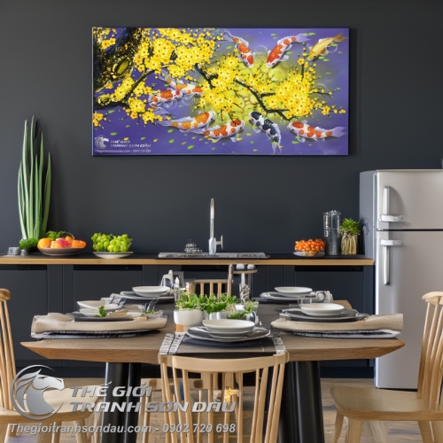 Tranh Cá Chép Hoa Mai Nền Tím Nhạt
