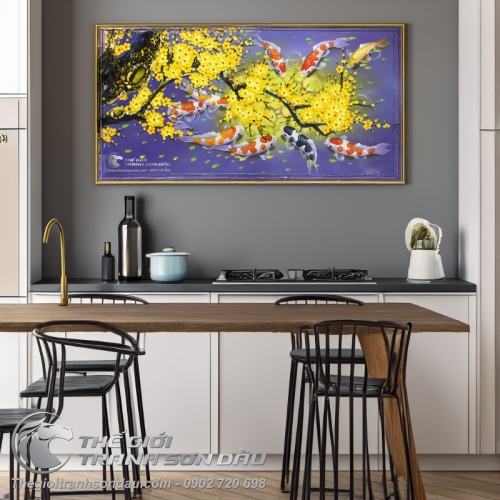 Tranh Cá Chép Hoa Mai Nền Tím Nhạt