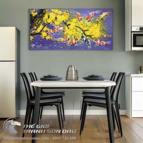 Tranh Cá Chép Hoa Mai Nền Tím Nhạt