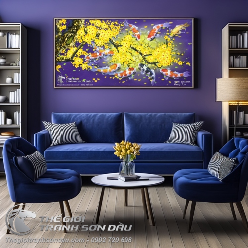 Tranh Cá Chép Hoa Mai Nền Tím