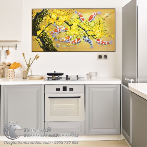 Tranh Cá Chép Hoa Mai Nền Vàng