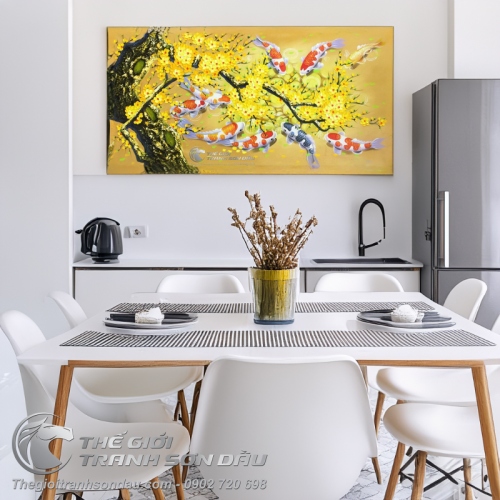 Tranh Cá Chép Hoa Mai Nền Vàng