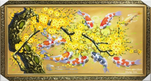 Tranh Cá Chép Hoa Mai Nền Vàng