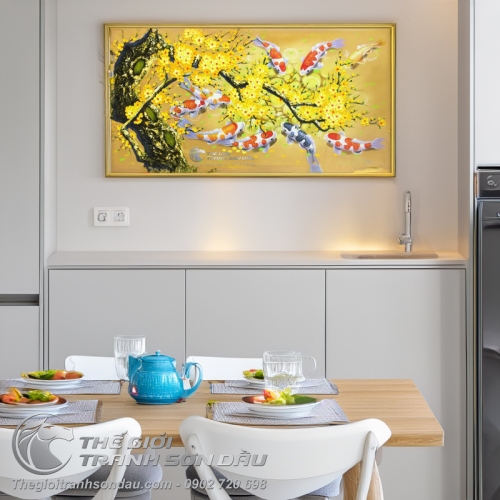 Tranh Cá Chép Hoa Mai Nền Vàng