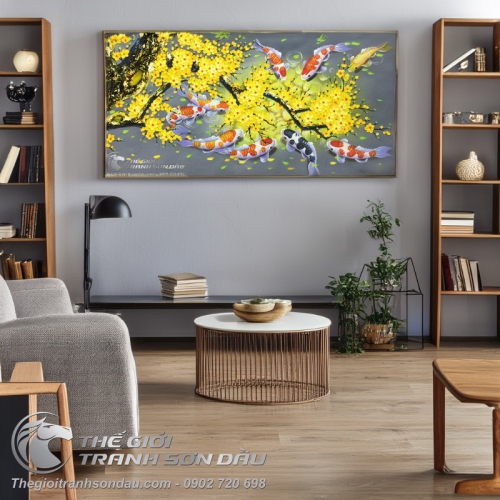 Tranh Cá Chép Hoa Mai Nền Xám Đậm
