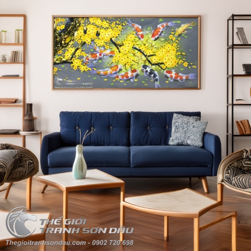 Tranh Cá Chép Hoa Mai Nền Xám Đậm