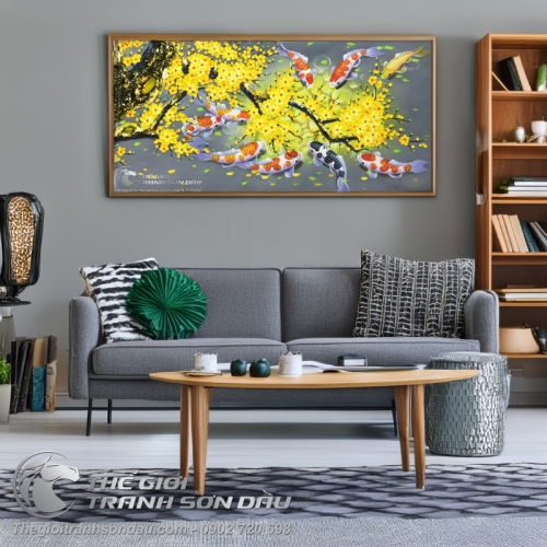 Tranh Cá Chép Hoa Mai Nền Xám Đậm