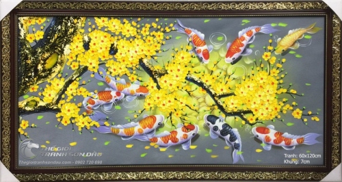 Tranh Cá Chép Hoa Mai Nền Xám Đậm