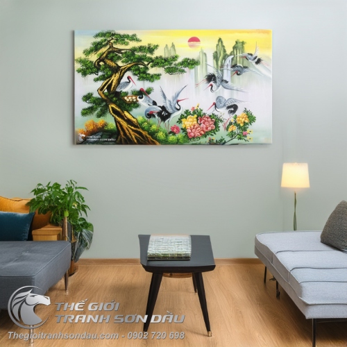 Tranh Cây Tùng Và Đàn Chim Hạc Tám Con