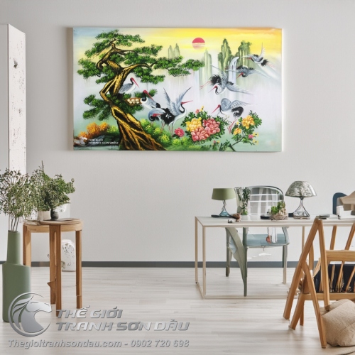 Tranh Cây Tùng Và Đàn Chim Hạc Tám Con