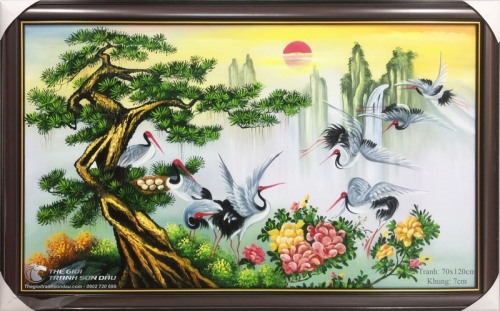 Tranh Cây Tùng Và Đàn Chim Hạc Tám Con