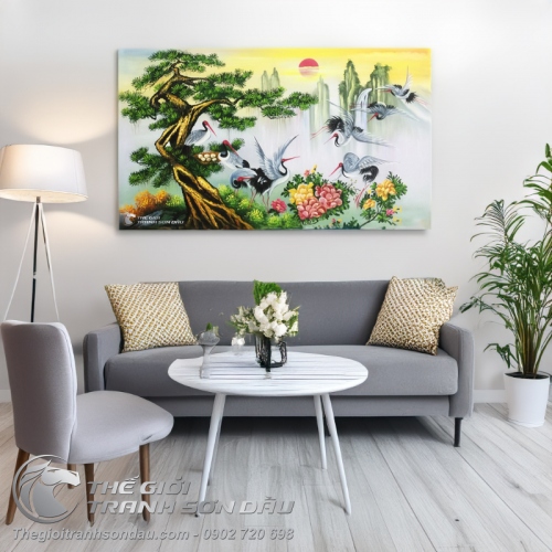 Tranh Cây Tùng Và Đàn Chim Hạc Tám Con