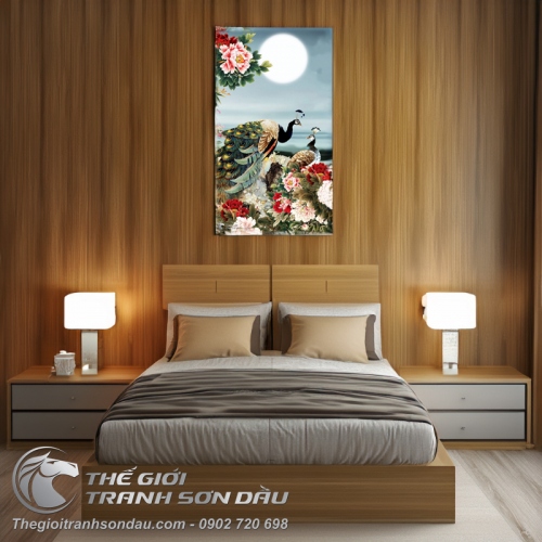 Tranh Chim Công Uyên Ương Bên Hoa Mẫu Đơn