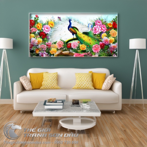 Tranh Chim Công và Hoa Mẫu Đơn