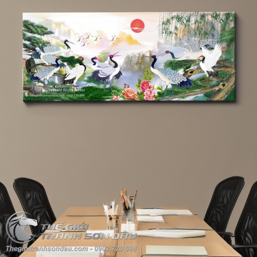 Tranh Chim Hạc Liễu Rũ Mặt Trời Đỏ