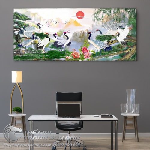 Tranh Chim Hạc Liễu Rũ Mặt Trời Đỏ