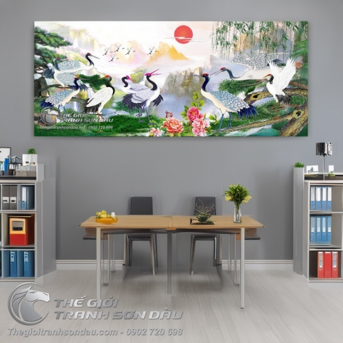 Tranh Chim Hạc Liễu Rũ Mặt Trời Đỏ