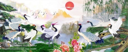 Tranh Chim Hạc Liễu Rũ Mặt Trời Đỏ
