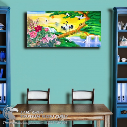 Tranh Chim Hạc Trên Cây Tùng Và Mẫu Đơn