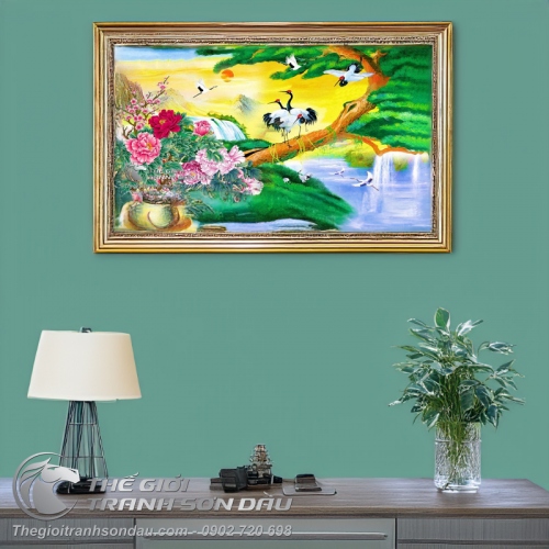 Tranh Chim Hạc Trên Cây Tùng Và Mẫu Đơn