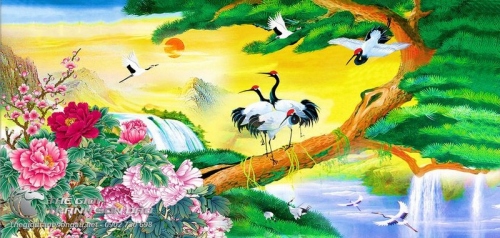 Tranh Chim Hạc Trên Cây Tùng Và Mẫu Đơn