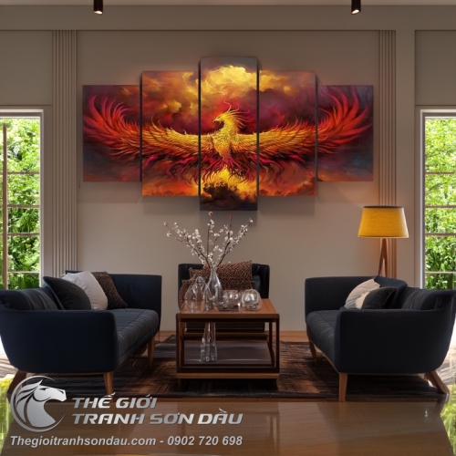 Tranh Chim Phụng Hoàng Bộ 5 Tấm Treo Phòng Khách