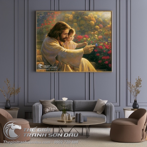 Tranh Chúa Jesu Ôm Thiếu Nhi Trong Vườn Hoa