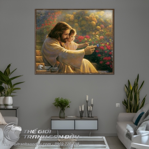 Tranh Chúa Jesu Ôm Thiếu Nhi Trong Vườn Hoa
