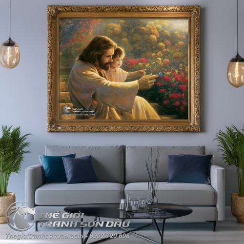 Tranh Chúa Jesu Ôm Thiếu Nhi Trong Vườn Hoa