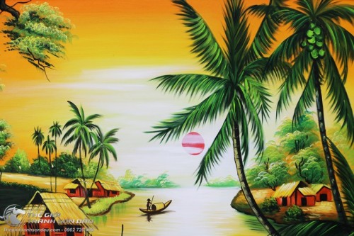 Tranh Con Sông Quê Hương Hoàng Hôn