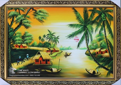 Tranh Con Sông Quê Hương Hoàng Hôn