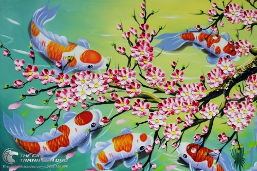 Tranh Cửu Ngư Dưới Gốc Đào Vẽ Tay Sơn Dầu