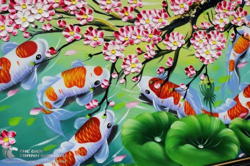 Tranh Cửu Ngư Dưới Gốc Đào Vẽ Tay Sơn Dầu