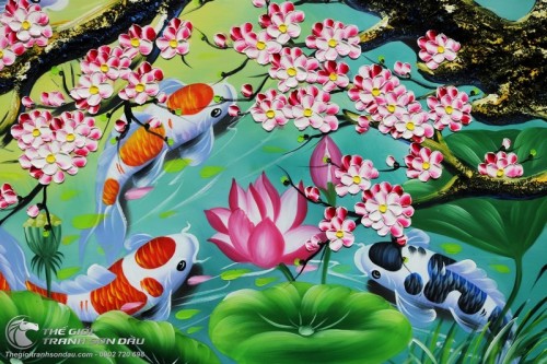 Tranh Cửu Ngư Dưới Gốc Đào Vẽ Tay Sơn Dầu