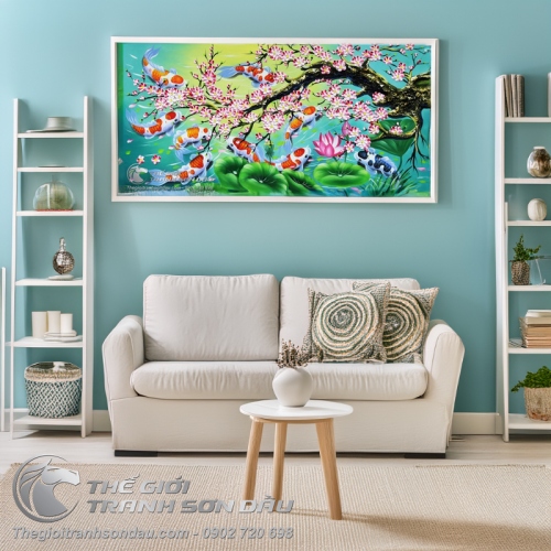 Tranh Cửu Ngư Dưới Gốc Đào Vẽ Tay Sơn Dầu
