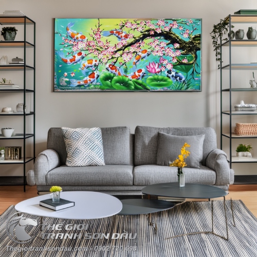 Tranh Cửu Ngư Dưới Gốc Đào Vẽ Tay Sơn Dầu